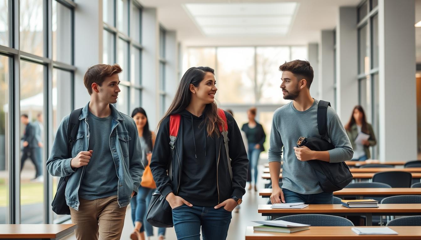 Students studying together in modern classroom